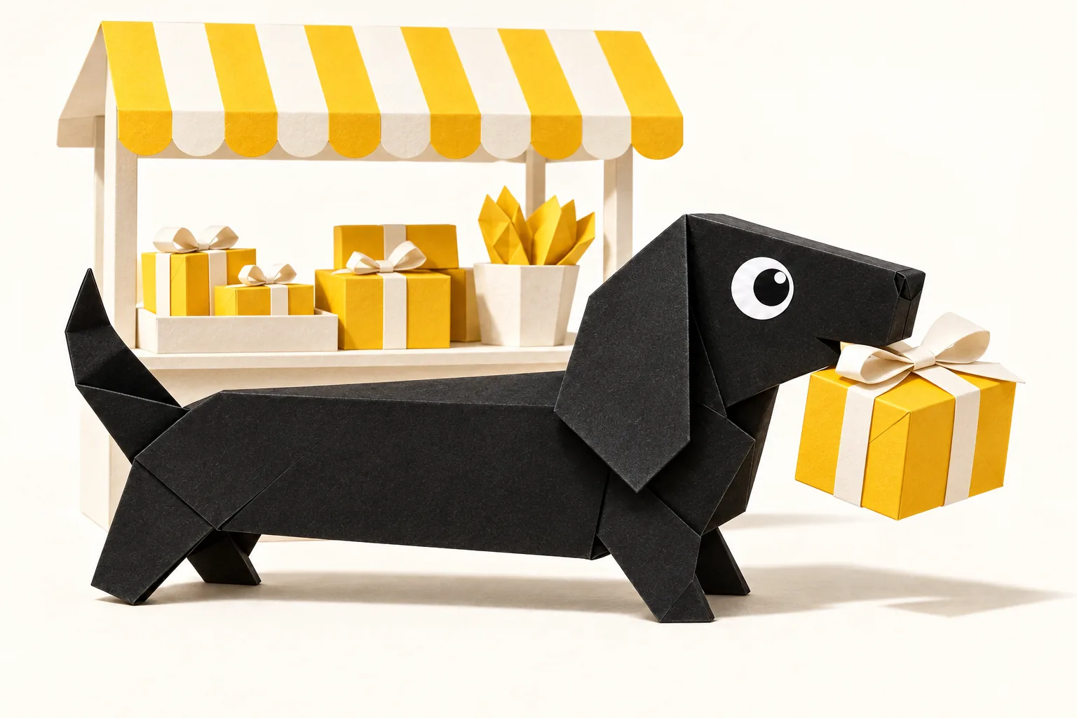 Foldo the paper dachshund offering a yellow gift box in front of a striped paper market stall