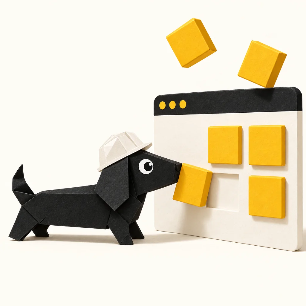 Foldo in a hard hat nudging paper blocks into a browser window