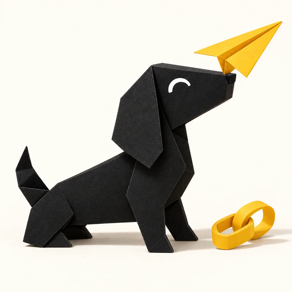 Foldo balancing a paper plane on the tip of its nose