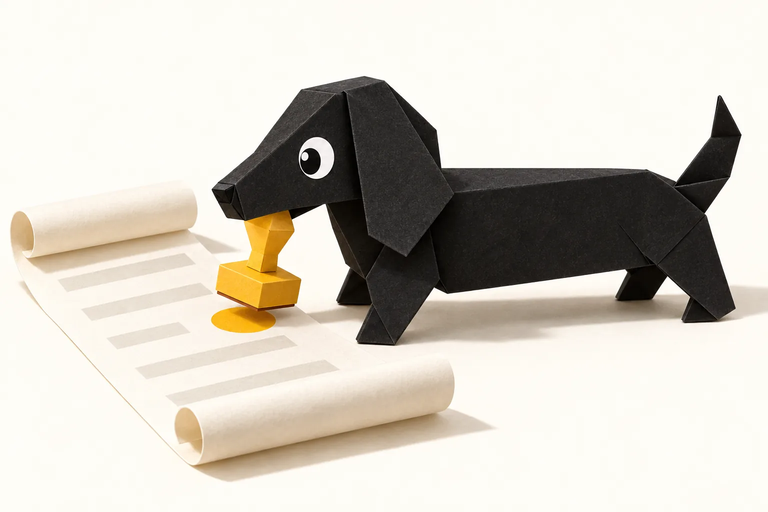 Foldo the paper dachshund pressing a big rubber stamp onto a paper scroll