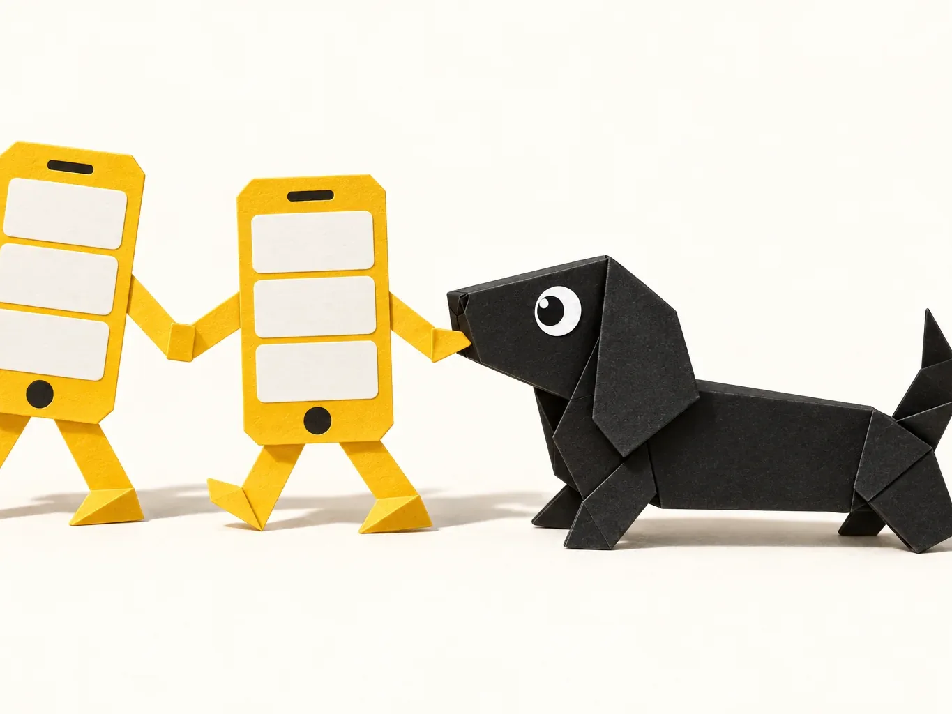 Foldo greeting two little paper phones that walk hand in hand, each showing a page